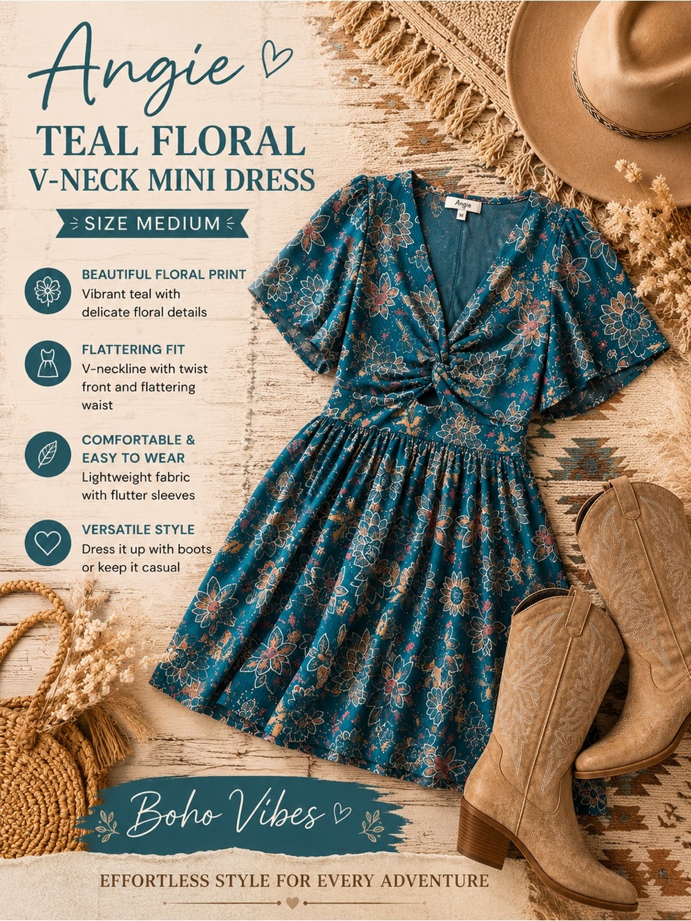 Angie Teal Floral Twist-Front Mini Dress